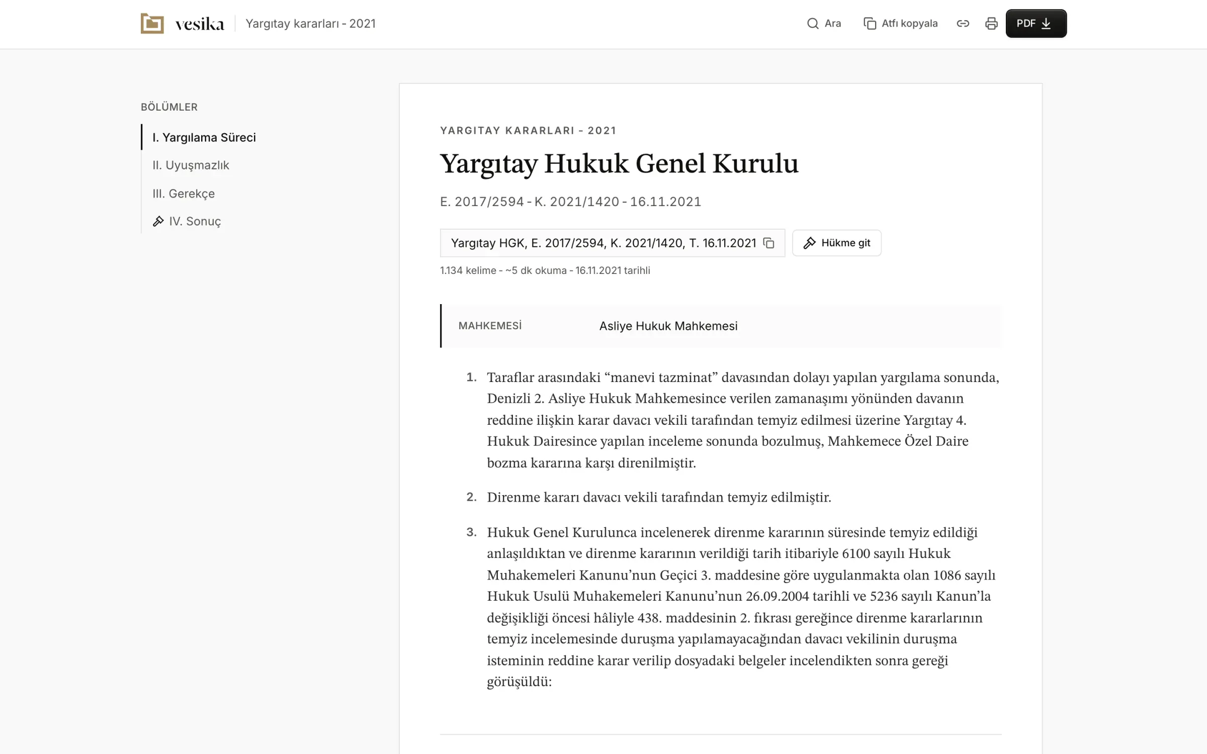 Kaynak okuyucuda Yargıtay Hukuk Genel Kurulu kararı: E. 2017/2594, K. 2021/1420, 16.11.2021 künyesi, atıf satırı, “Hükme git” ve numaralı paragraflar.